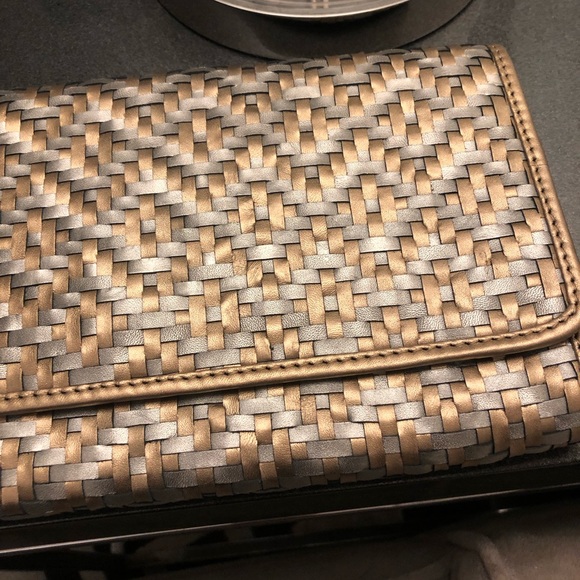 NWT Gorgeous Cole Hann gold and silver woven leather clutch